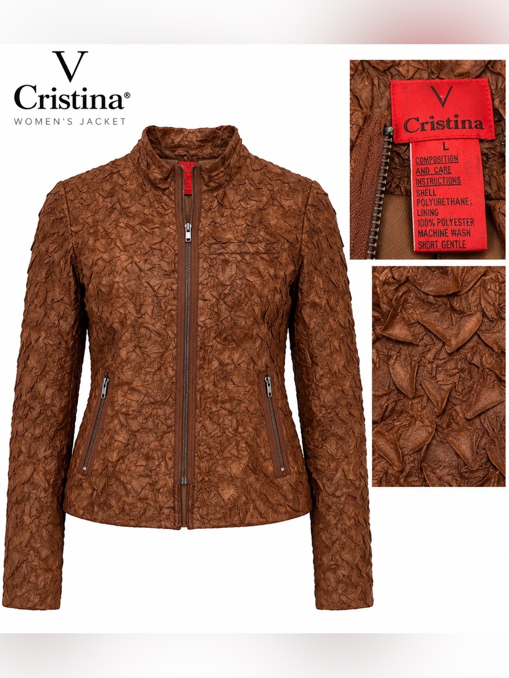 Cristina V Women's Brown Textured Zip-Front Jacket Large